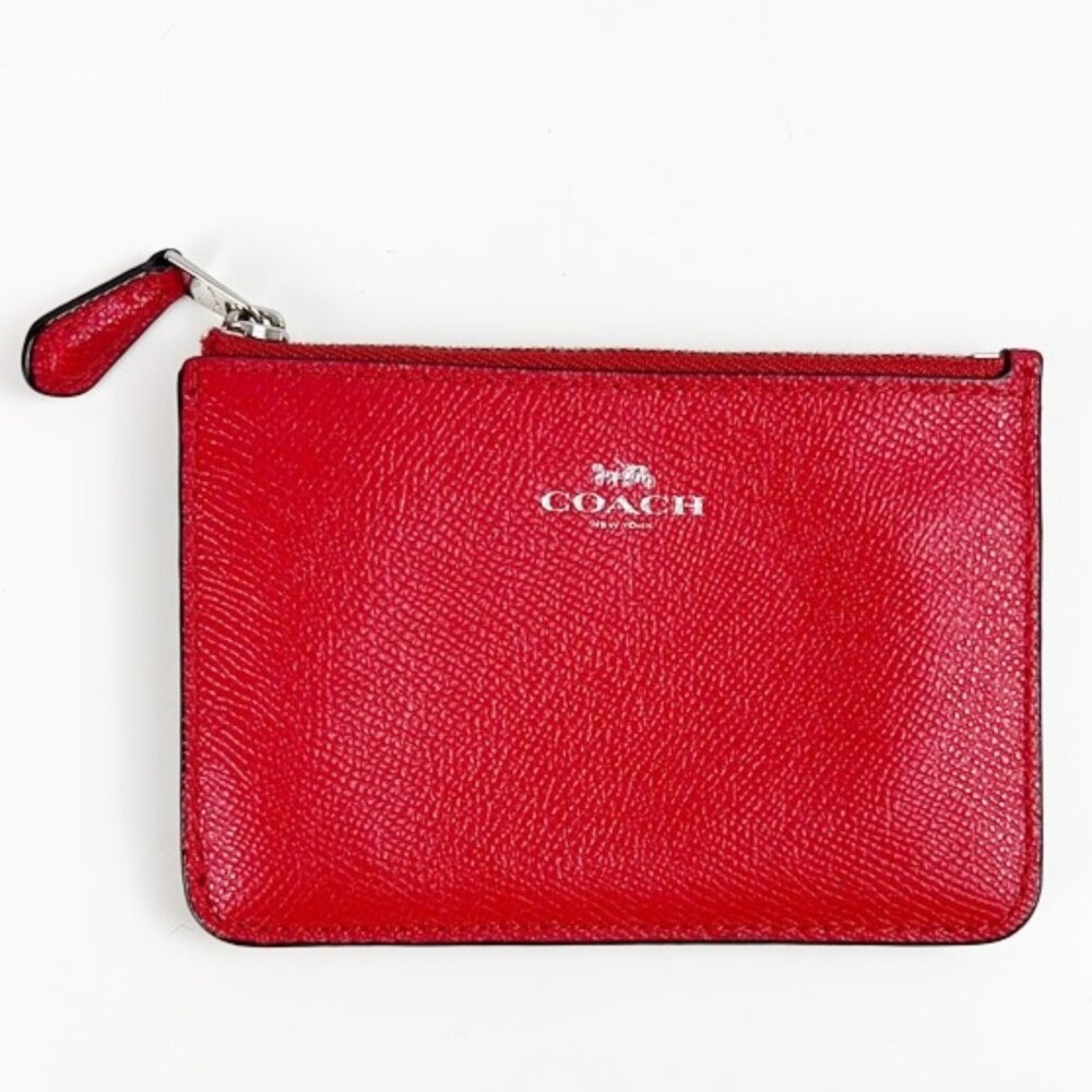 Coach Bright Red Pebbled Leather Zip Card Coin Pouch